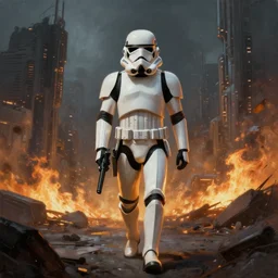 a painting of a cinematic keyframe of a storm trooper walking into a destroyed sci - fi city, with fire by greg rutkowski, rule of thirds, golden ratio, ambient lighting, wlop, artgerm, artstation, highly detailed masterpiece, dark fantasy art, high detail, trending on artstation