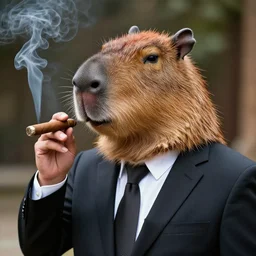 capybara head, a man wearing a suit capybara head (smoking cigar)