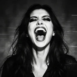 an eerie black and white glitch art of a woman with a unnaturally wide mouth laughing maniacally.