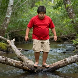 Award-winning Photography of a fat scared latino boy with red t-shirt and khaki shorts trying to cross a small river using a fallen tree as a bridge in the woods