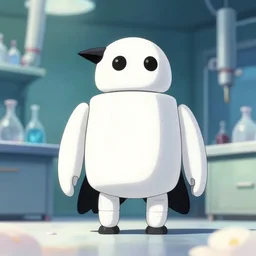 a wholesome key shot of a raven android in a lab, pure white, low shot angle, studio ghibli, pixar and disney animation, sharp, rendered in unreal engine 5, anime key art by greg rutkowski and nixeu, full bloom, vibrant lighting