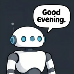 robot saying good evening. comic. speech bubble. subtitled