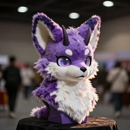 Bust photograph of a fursuit at a furry convention of a purple anthro dog with antennas, DOF