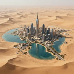 a city built on water completely surrounded by a vast sand desert, digital painting, trending on art station, highly detailed, intricate, matte painting, diffuse lighting, art by craig mullins, greg rutkowski, octane render, 8 k, unreal engine