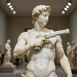 a greek marble statue with a marble machine gun strapped around his shoulder, museum background, studio lighting, high detail, bokeh, 4K