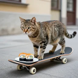cat standing on a skateboard with plate with sushi on skateboard, in legnica, documentary photograph