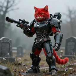 photorealistic anthropomorphic red cat, wearing black huge cyber robot gigachad exoskeleton big power armor without helmet, holding huge laser sniper rifle, post apocalyptic cinematic photorealistic background, still, standing on graveyard