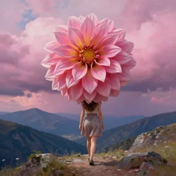 giant dahlia flower crown over head, girl walking on mountain, surreal photography, pink storm clouds, dramatic light, impressionist painting, digital painting, artstation, simon stalenhag