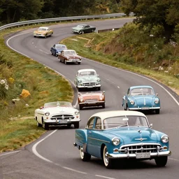 cars from the 1 9 5 0's and 1 9 6 0's, driving on a winding road, various colors and models, in style of haddon sundblom