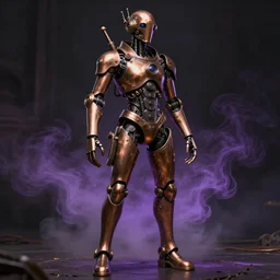 full - length portrait of a steampunk android in bronze, which emits a purple fog, by donato giancola and nikolay makovsky.