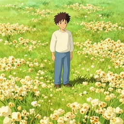 man stands on a meadow made of popcorn, studio ghibli