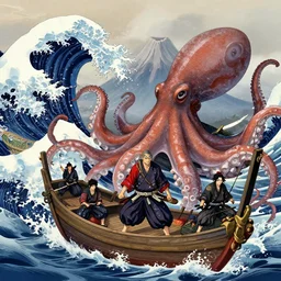 epic modern ukiyo - e, samurais on a boat, giant octopus, large waves, volcano in the background, detailed, digital painting, artstation, concept art, breathtaking, 8 k resolution, extremely detailed, beautiful, establishing shot, artistic, hyperrealistic, octane render