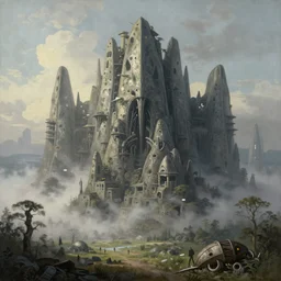 ”a beautiful painting of a huge alien forteess, morning light. by Zdzisław Beksiński, h.r. giger. landscape. mist. unreal engine 5. trending on artstation. 4k. matte painting”