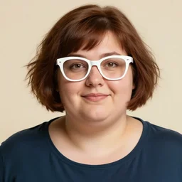 portrait of a curvy stocky romanian woman, brown hair, messy bob, straight hair, brown eyes, round nose, low eyes, romanian, laugh lines, round face, round jaw, round nose, white glasses, glasses, big forehead, white reading glasses, librarian, wide shot, digital art, loish, art nouveau, 8 k, trending on artstation