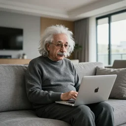 photorealistic full body portrait of albert einstein inside a modern condominium living room while he is using his Apple MacBook Pro on the sofa, hyper realistic, 8k res,