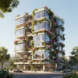 multistory building, full of flowers, glass openings, housing architecture, archviz, cgi, trending on artstation, corona renderer, unreal engine, ray tracing,, cinematic