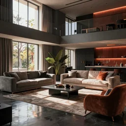 8 k dslr photo render of a elaborate contemporary living room, beautiful furnishings, dramatic lighting, volumetric lighting, deep colors, reflections, shadows, sunbeams, atmosphere, vibe, raytracing, very detailed