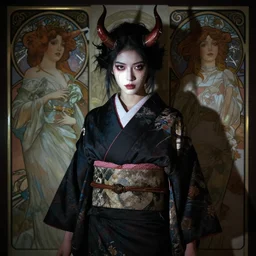 a photorealistic dramatic fantasy render of a beautiful woman wearing a clasical japanese kimono, with demon horns and tears, by wlop, artgerm, greg rutkowski, alphonse mucha, beautiful dynamic dramatic dark moody lighting, shadows, cinematic atmosphere, artstation, concept design art, octane render, 4 k