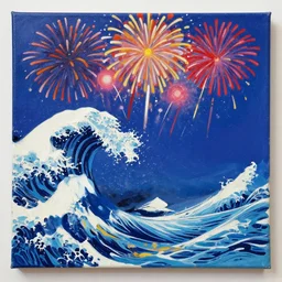 a painting of waves in the ocean with fireworks in the background, canvas, acrylic paint, by andy warhol, by roy liechtestein, pixiv