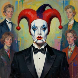 half figure portrait of a morphed harlequin faced woman with five cigarettes in mouth and wearing a tuxedo, art by james jean and luc tuymans and vincent lefevre and hernan bas and pat steir and hilma af klint, digital paint, glitch, psychological, dripping paint, generative art, 8 k high quality render, altermodern, masterpiece