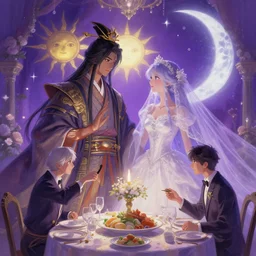 a dreamlike cinematic portrait of wedding photograph jpeg close up moment of a divine a japan sun god and moon goddess lovers magician at a wedding banquet. portraiture. digital painting. artstation. concept art. fantasy wedding photo. digital painting, 8 k realistic, hyper detailed, violet evergarden art masterpiece by art by krenz cushart