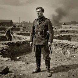 ultra detailed photorealistic sepia - toned photograph from 1 9 1 7, a british officer in field gear standing at an archaeological dig site near megra, ultra realistic, painted, intricate details, lovecraft, atmospheric, dark, horror, brooding, highly detailed, by angus mcbride