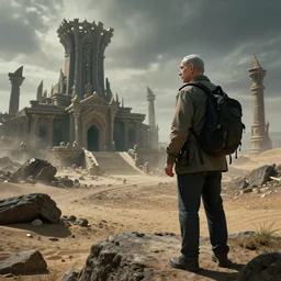 benjamin netanyahu as an explorer, exploring a deserted fallen kingdom, dark fantasy