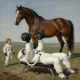 , astronaut bodybuilder doing bench press with a horse instead of a dumbbell astronaut bodybuilder doing bench press with horse instead of dumbbell, hauntingly surreal, highly detailed painting by francis bacon, edward hopper, adrian ghenie, gerhard richter, and james jean soft light 4 k,