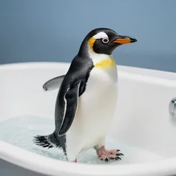 a penguin surfing in a bathtub