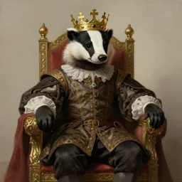 badger as a king on his throne, crown on his head, portrait painting, 1 7 th century clothes, concept art, artstation, detailed, greg rutkowski