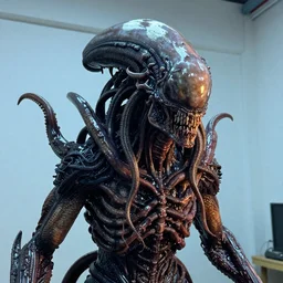photo taken of an epic intricate, ultra detailed, super realistic gritty, wet, slimy, lifelike sculpture of a nightmarish hellish alien creature with tentacle dreadlocks created by weta workshop for james cameron, zoomed in shots, photorealistic, sharp focus, white wall coloured workshop, cold blueish colour temperture, f 0. 4, face centred, golden ratio, golden hour