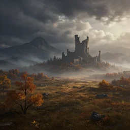 beautiful render of a autumn landscape, unreal engine, dark fantasy style, first light, mountains in the distance, plains, morning mist, dramatic clouds, big castle ruin, soft light, octane render, by greg rutkowski, cgsociety