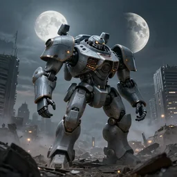 a very big grey giant mechanical weapons battle armor mechwarrior in the middle of war - torn battlefield of a crumbling city, dim sky, very big moon, some smoke, a little bit yellow lights, artstation, smooth, sharp focus, superior quality, 8 k, cinematic lighting, octane render, wide angle, by bilibin, kuvshinov, malevich and