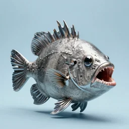 an exotic fish with multiple mouths made up of steel and concrete, plain light blue background, dslr, fine details, soft light