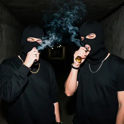 chavs smoking and drinking in a dark tunnel both are wearing balaclavas, drum & bass
