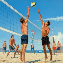 top gun beach volleyball scene, cool colors, hard angles, painting by gaston bussiere, craig mullins, j. c. leyendecker, tom of finland