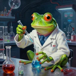 a photorealistic highly detailed painting of a y 2 k 1 9 8 0's frog mad scientist mixing chemicals in a laboratory by johfra bosschart, lisa frank, kinkade, visionary art, dark fantasy art, high detail, trending on artstation
