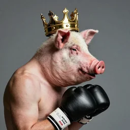 Sideview Portrait of professional boxer with a pig head wearing boxing gloves with a gold crown on it's head Shepard Fairey