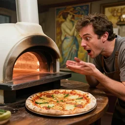 man is surprised opening a pizza oven, discovers pizza, photo by artgerm, greg rutkowski and alphonse mucha, unreal engine 5, 4 k uhd