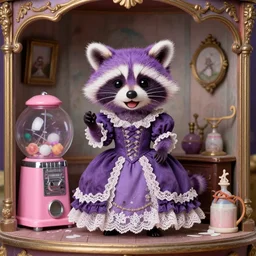studio photography, adorable perfect 3 d purple littlest pet shop purple raccoon with purple fur, posing, vintage gothic gown, pink gumball machine, smiling, lace, cluttered ornate diorama, master painter and art style of noel coypel, art of emile eisman - semenowsky, art of edouard bisson