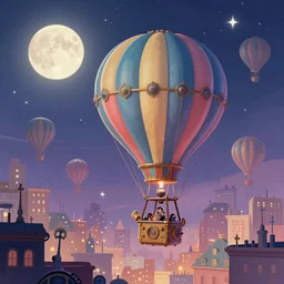 a beautiful stunning fantasy whimsical matte digital illustration of a hot - air balloon race over a city at night by marc simonetti, pastel color palette, disney magic the gathering steampunk, chiaroscuro magical bokeh moon stars, trending on artstation hq, masterpiece