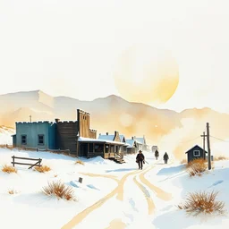 small miniature art on watercolor paper, paint brush strokes, abstract watercolor painting of snow western town, american frontier, midday sharp light, dust, cinematic light, american romanticism by hans dahl, by jesper ejsing, by anders zorn, by greg rutkowski, by greg manchess, by tyler edlin
