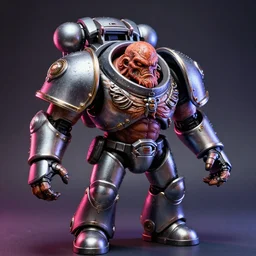 hyperrealistic rendering, flesh monster doom space marine by bernie wrightson and killian eng and joe fenton, product photography, eyeballs, wet, chrome details, armor, action figure, sofubi, studio lighting, colored gels