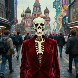 realistic detailed photorealistic film shot of a single skeleton wearing crimson velvet blazer in a crowded futuristic moscow street by Denis Villeneuve, Amano, Yves Tanguy, Alphonse Mucha, Ernst Haeckel, Andrei Tarkovsky, Edward Robert Hughes, Roger Dean, rich moody colours, wide angle, blue eyes