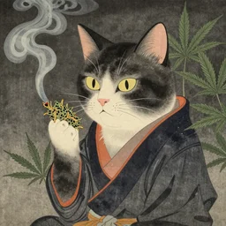 samurai stoner cat smoking with cannabis leaf background, in the style of ogata korin, japanese woodblock, classical japanese art, traditional japanese art, kitty, cat, neko, weed, marijuana, cannabis, highly detailed, beautiful colors, award winning, dark, gritty, ink and watercolor