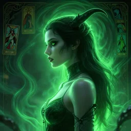 side portrait, imogen poots, evil deathknight, gloomhaven, soft, smooth, luminescent, art nouveau tarot, sickly green backlit glow, evil dark swirly ripples, gaudy colors, aesthetic octane render, unreal engine, 8 k, by greg rutkowski, jesper ejsing, rhads, ilya kuvshinov, cushart krenz