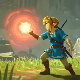 in game footage of link from the legend of zelda breath of the wild activating magnesis, breath of the wild art style.