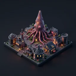 an isometric render of a innsmouth town, lovecraft, view from above, isometric, dark background, soft shadows, neon lights. rendered in blender with eevee. concept art, 4 k