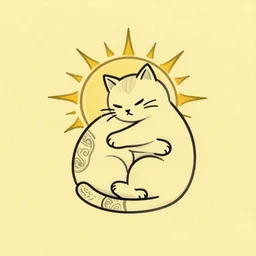 tattoo sketch of a cat hugging the sun, on a yellow paper, ornament maori, minimalism, vector