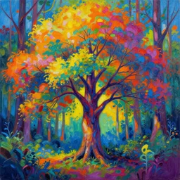 a painting of a tree in a colorful forest by android jones, cgsociety, psychedelic art, psychedelic, vibrant colors, vivid colors